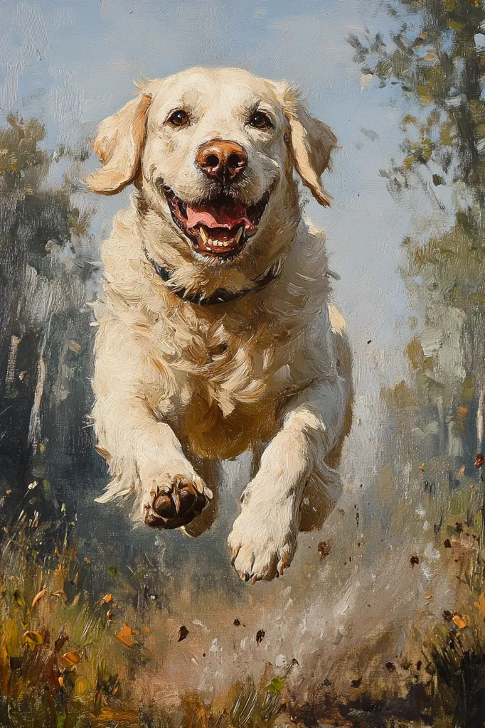 A golden retriever dog is running towards the viewer, its mouth open in a happy grin. The dog's fur is a soft, creamy white, and its eyes are bright and alert. It's running through a grassy field, with a blurred background of trees and a bright blue sky. The dog is in mid-air, its paws just about to hit the ground, and its tail is wagging excitedly. The painting is full of movement and life.