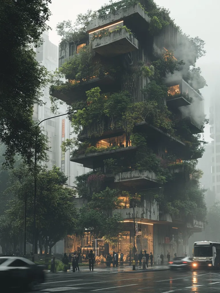 A towering, multi-level building covered in lush greenery stands in a city street. The building is a unique example of vertical urban gardening, with trees and plants growing on every level, creating a sense of harmony between nature and concrete. The street below is wet and glistening, and a bus and a few cars are passing by. The scene is set in a misty atmosphere, adding a touch of mystery and intrigue.