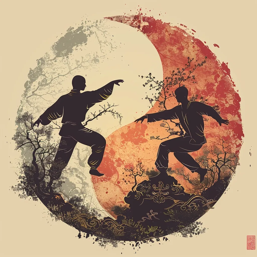 The image depicts two figures in a martial arts stance, silhouetted against a stylized Yin Yang symbol. The background features a grunge-inspired design with intricate patterns, representing a blend of traditional and modern styles. The contrasting colors of black and white, with the red and gray accents, further enhance the dynamic and powerful composition. The scene evokes a sense of balance, harmony, and the clash of opposing forces in martial arts.