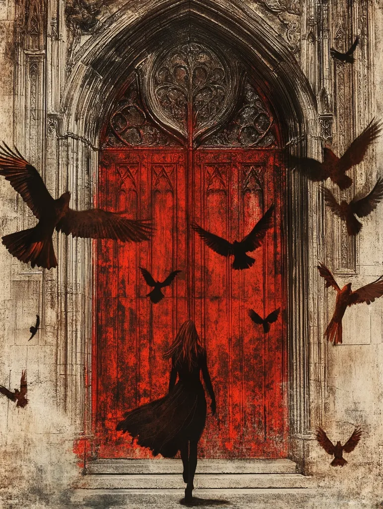 A woman in a long black dress walks towards a large, ornate, red door. The door is set within a stone archway, and a flock of black birds flies around the woman and the door. The scene is dark and ominous. The worn stone walls and red door create a stark contrast. The woman's silhouette, against the backdrop of birds and the door, appears mysterious and possibly a little ominous, creating a sense of mystery and intrigue.