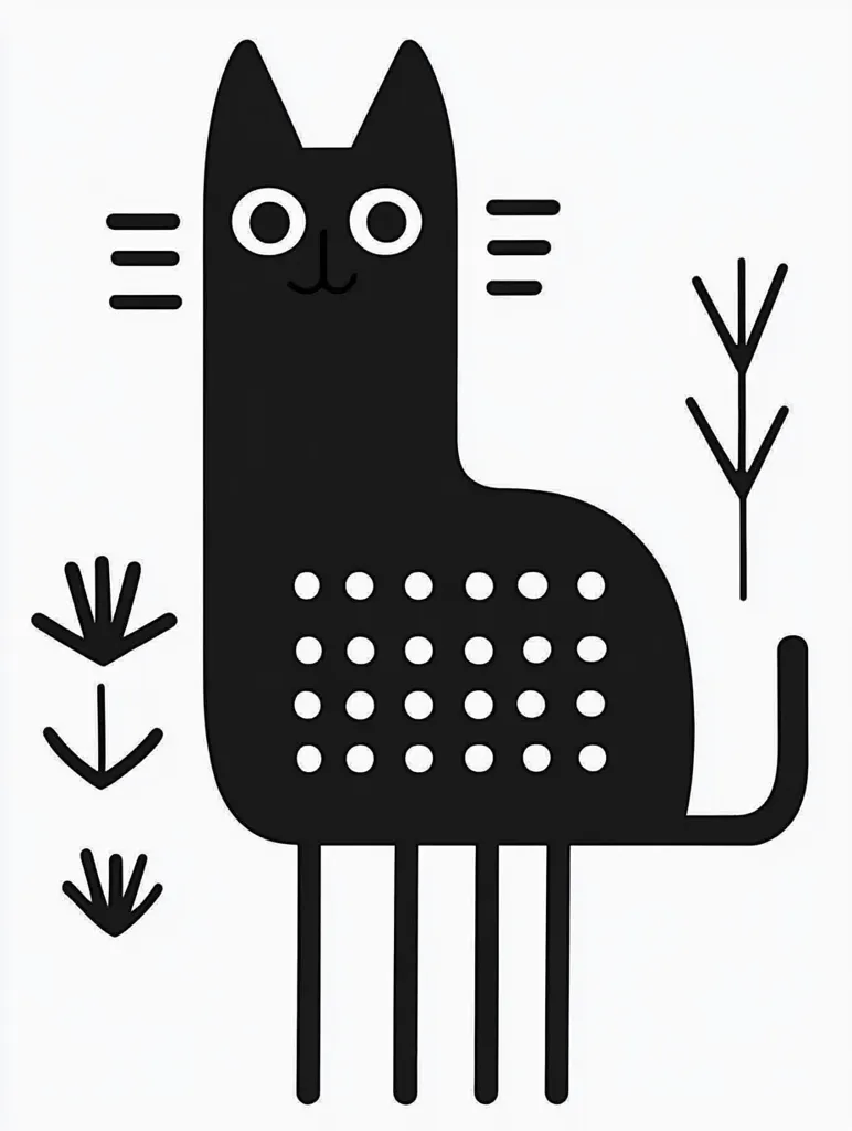A black cat with big eyes and a dotted body stands on four legs. It is stylized with simple lines and circles. The cat is facing forward, and there are simple plant-like shapes on either side of the cat.  The background is white.  The design is simplistic and playful.