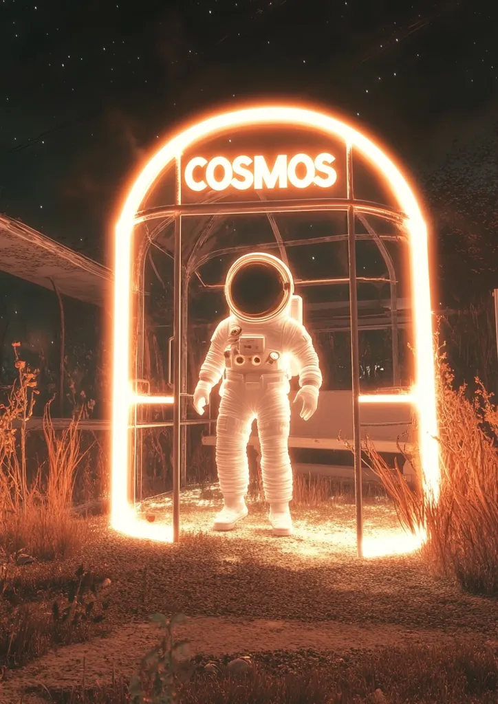 An astronaut stands in a glowing orange archway that reads "COSMOS," surrounded by tall grass and a starry sky. The astronaut appears translucent and ethereal, suggesting a transition between worlds or a portal to the unknown. The warm lighting and soft focus create a dreamlike atmosphere.