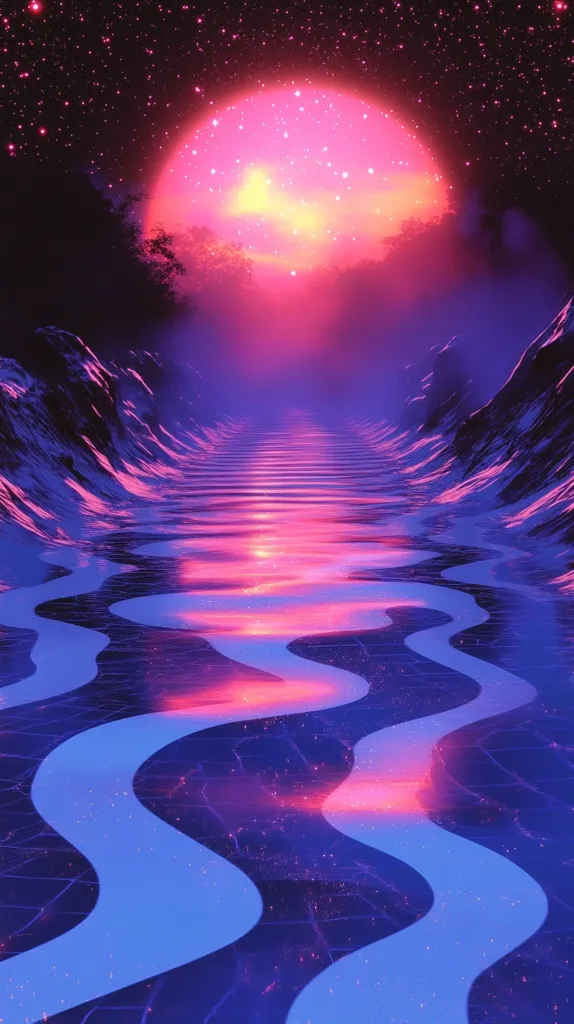 A vibrant, surreal landscape with a large pink orb in the sky, resembling a sunset. The orb casts a warm glow on the surrounding hills and a winding river. The river's surface is reflective, mirroring the sky and the orb. The scene is bathed in a soft, ethereal light, creating a sense of dreaminess and otherworldliness.