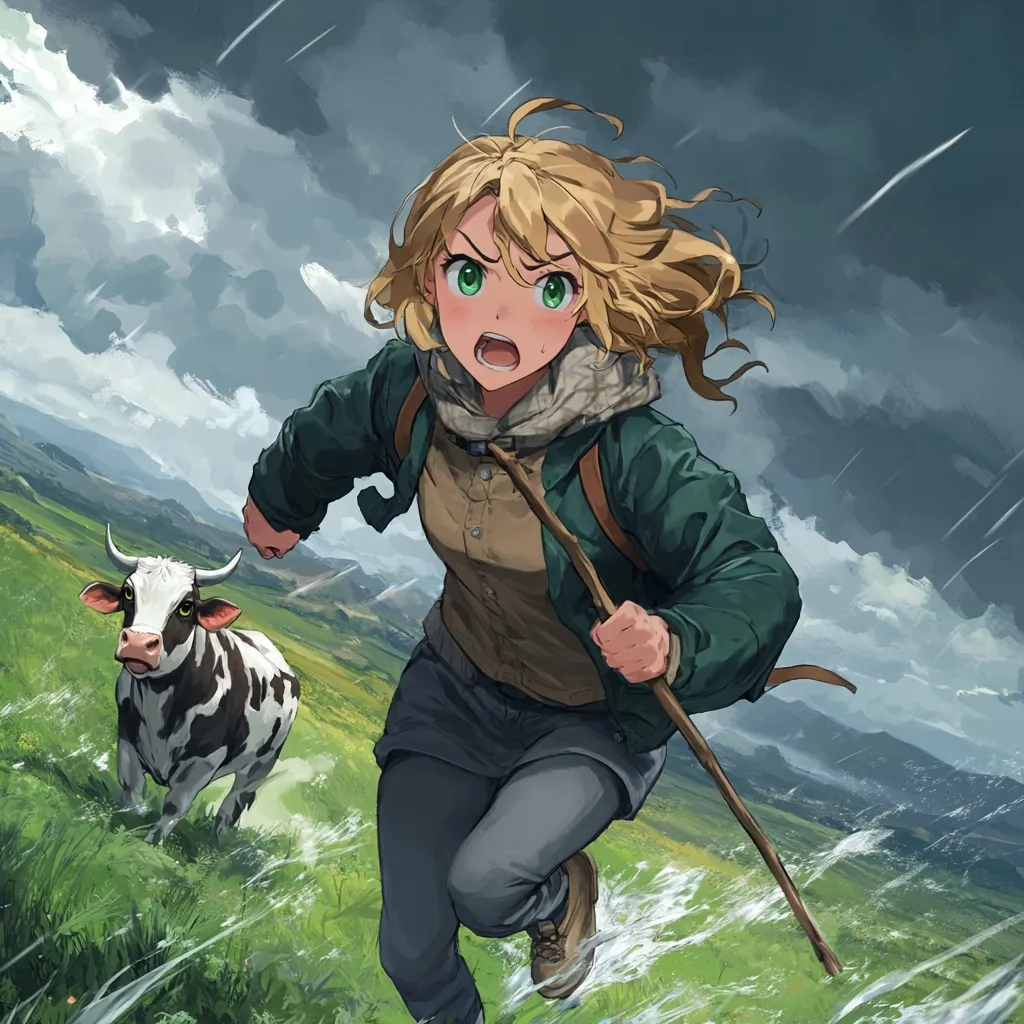 A young woman with long blonde hair runs through a field, her green eyes wide with fear. She is wearing a green jacket, a brown shirt, and black pants. She is holding a stick in her right hand and is running towards the viewer. A black and white cow walks ahead of her. In the background, there are mountains and a cloudy sky. It appears to be raining. The image captures a moment of tension and uncertainty.