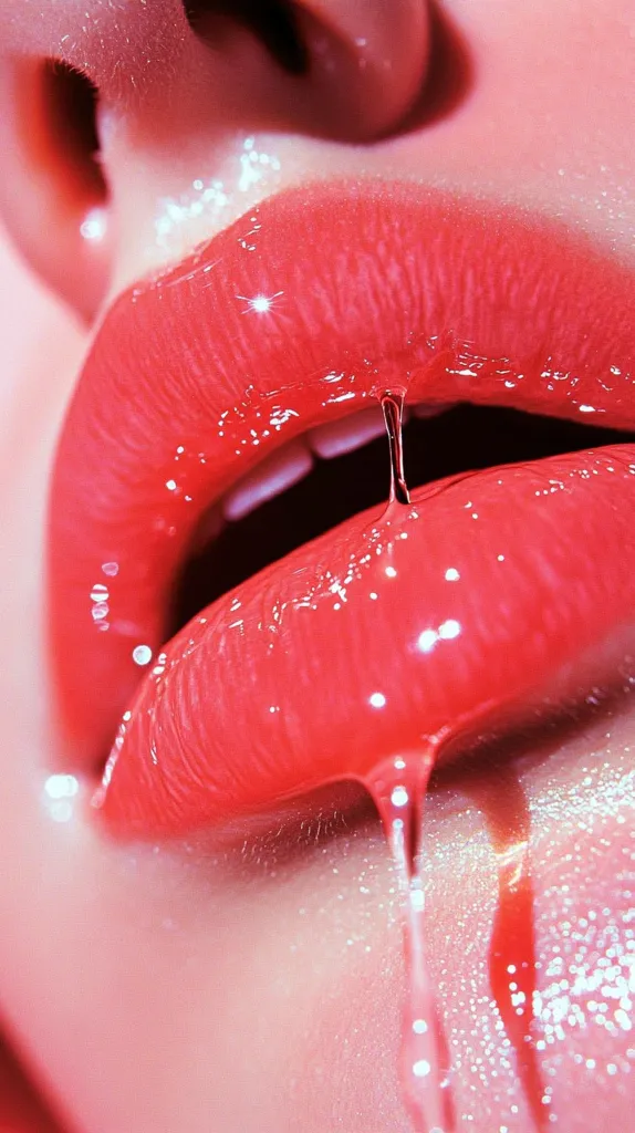 A close-up shot of a person's lips with bright red glossy lipstick. The lipstick is dripping down the person's chin. The photo is in focus and the colors are vibrant. The background is out of focus and the image gives a sensual vibe.  The photo is shot from a slightly downward angle. The overall effect is one of beauty and allure.
