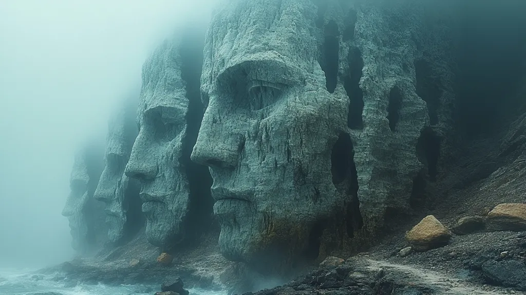 A misty, dreamlike landscape features a series of rock formations shaped like human faces. The faces are weathered and eroded, giving them a timeless and haunting appearance. The fog adds an ethereal quality to the scene, making it feel both mysterious and beautiful. The rough, dark terrain suggests a forgotten and desolate place.  The composition emphasizes the verticality of the formations, creating a sense of grandeur and awe.