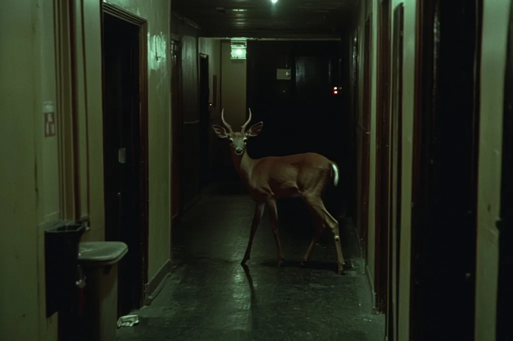 A deer stands in the middle of a dark, narrow hallway lined with closed doors. The walls are a dull green, and the floor is a dark, shiny surface. The deer's antlers are visible, and it looks directly at the camera with large, dark eyes.  The scene creates a sense of unease and mystery.