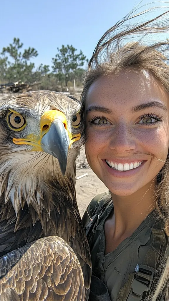 A young woman with long, windblown hair and freckled skin is smiling broadly as she poses for a selfie with a large eagle. The eagle's head is nestled against the woman's shoulder, and its yellow beak is partially open. The woman is wearing a green vest and a black backpack. The background is a blurred image of trees and shrubs.
