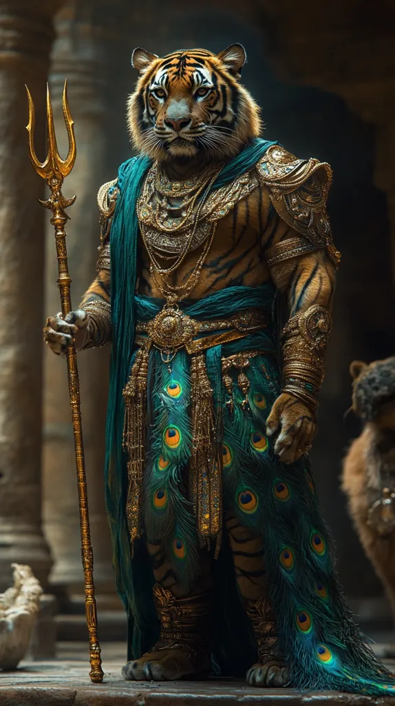 A tiger-human hybrid, dressed in ornate gold and teal clothing, stands with a golden trident in an ancient, mystical setting. The creature has an intense gaze and wears a flowing, peacock feather-adorned robe. It's a powerful, otherworldly image that suggests a deity or mythical being.