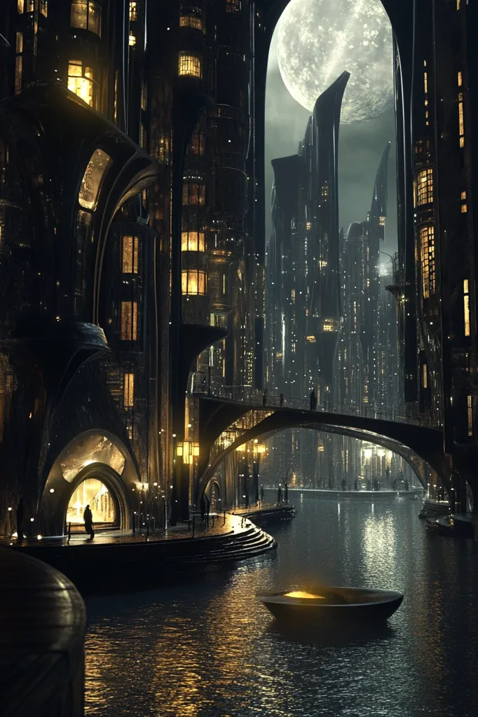 A lone boat floats on a calm canal in a futuristic city. Tall, dark buildings line the waterway, their windows glowing with warm light. A full moon hangs above the cityscape, casting a soft glow on the water. The scene is both mysterious and inviting, with a sense of wonder and possibility.
