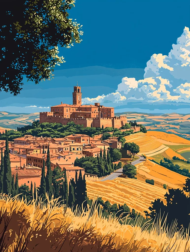 A picturesque scene of a hilltop town in Tuscany, Italy, with a grand castle dominating the skyline. The town, nestled among rolling hills and fields, is bathed in golden sunlight. A winding road leads up to the castle, offering a scenic view of the countryside. Lush green trees and a large fluffy cloud in the sky complete the idyllic image. The use of vibrant colors creates a sense of warmth and beauty.