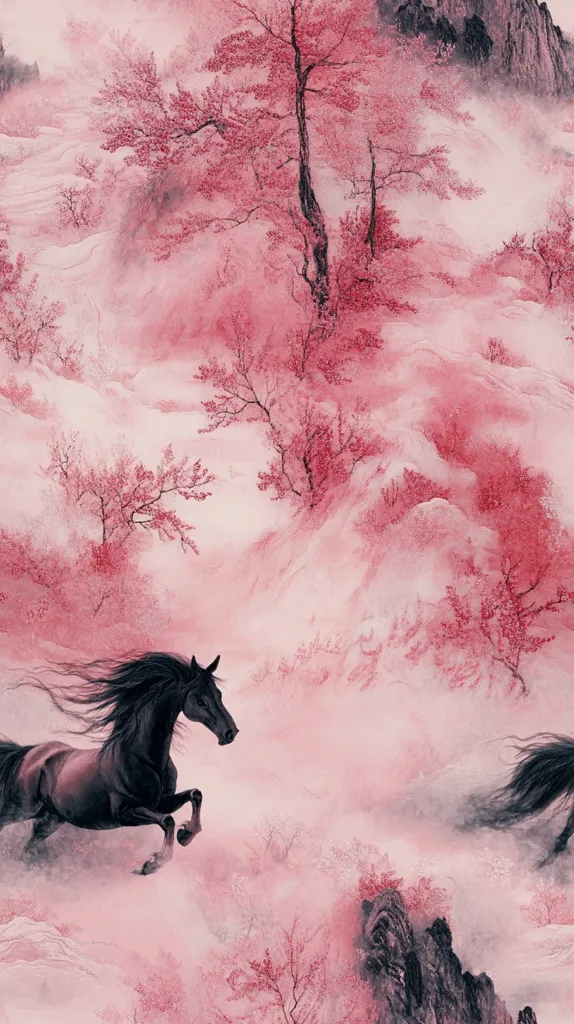 The image depicts a mystical scene with a black horse galloping through a pink and white landscape. The background is a hazy and dreamy depiction of trees and mountains, painted in soft, delicate strokes. The horse's flowing mane and powerful stance suggest a sense of freedom and energy. The colors are serene and ethereal, creating a harmonious balance between the horse and the surrounding environment.