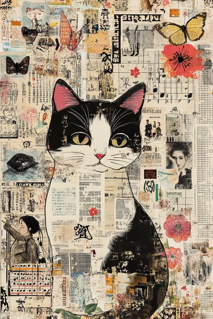 The image is a collage of black and white and coloured images. The central figure is a black and white cat with a pink nose, surrounded by newspaper clippings, drawings of flowers, butterflies, and a person.  The background is a mixture of patterns and text, suggesting a busy and energetic scene. The overall effect is one of vibrant chaos and playful art.