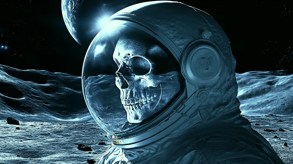 A skeletal astronaut, his skull visible through his visor, stands on a barren, lunar landscape. The astronaut is facing away from the viewer, with a distant planet visible in the background. The scene is rendered in a monochrome color palette, creating a stark and eerie atmosphere.  The image evokes a sense of isolation, solitude, and the vastness of space.