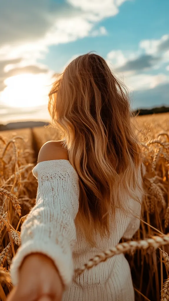 A woman with long, flowing blonde hair walks through a field of golden wheat. She wears a white sweater and is holding out her hand, inviting someone to join her. The sky is a bright blue with fluffy white clouds. The overall mood of the image is one of peace and serenity.