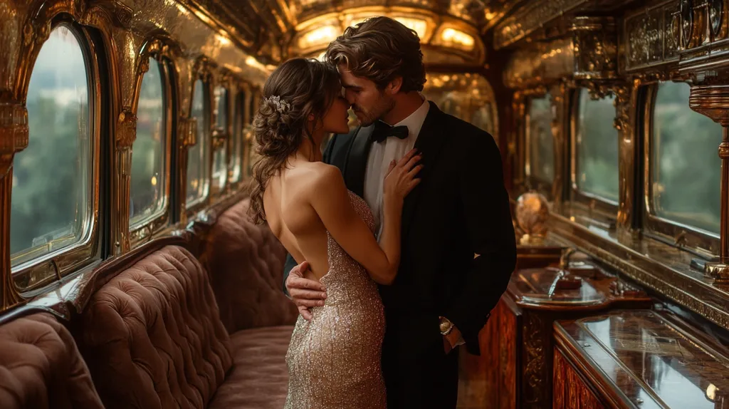 A couple is embracing in a luxurious train car. The woman is wearing a sparkling gown, while the man is in a tuxedo. The train car is ornately decorated with gold accents, plush velvet seating, and large windows. The couple's love is evident in their affectionate embrace. The scene is filled with a sense of intimacy and grandeur.