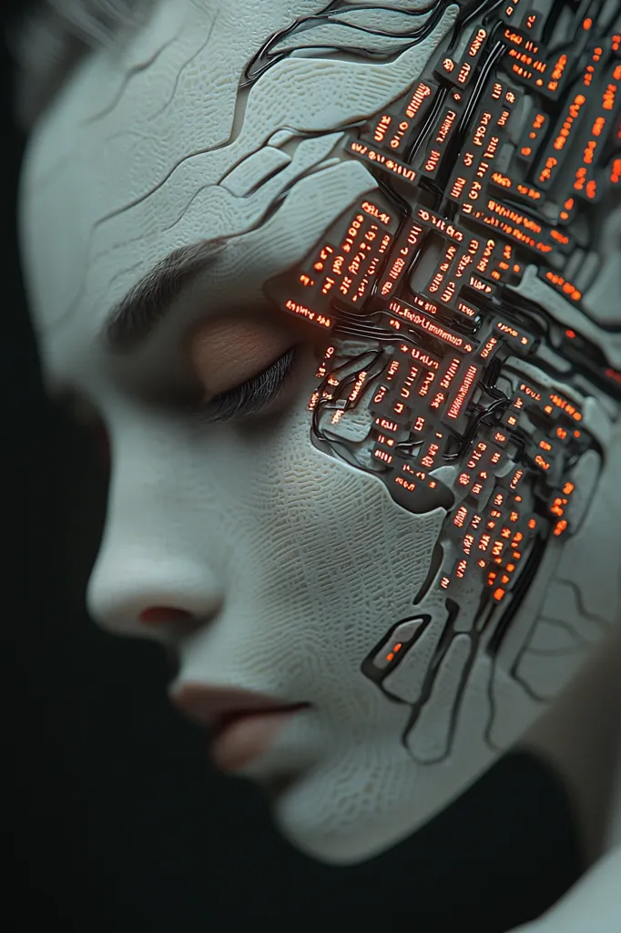 The image shows a close-up of a person's face, seemingly a cyborg.  Their skin is pale and smooth, with a complex network of glowing orange circuits and wires embedded in it.  One eye is closed, while the other is obscured by the intricate circuitry.  The image is stylized and futuristic, suggesting a world where humans and technology are seamlessly intertwined.  The person's expression is calm and contemplative, highlighting the potential for human connection and emotion even within a technological context.