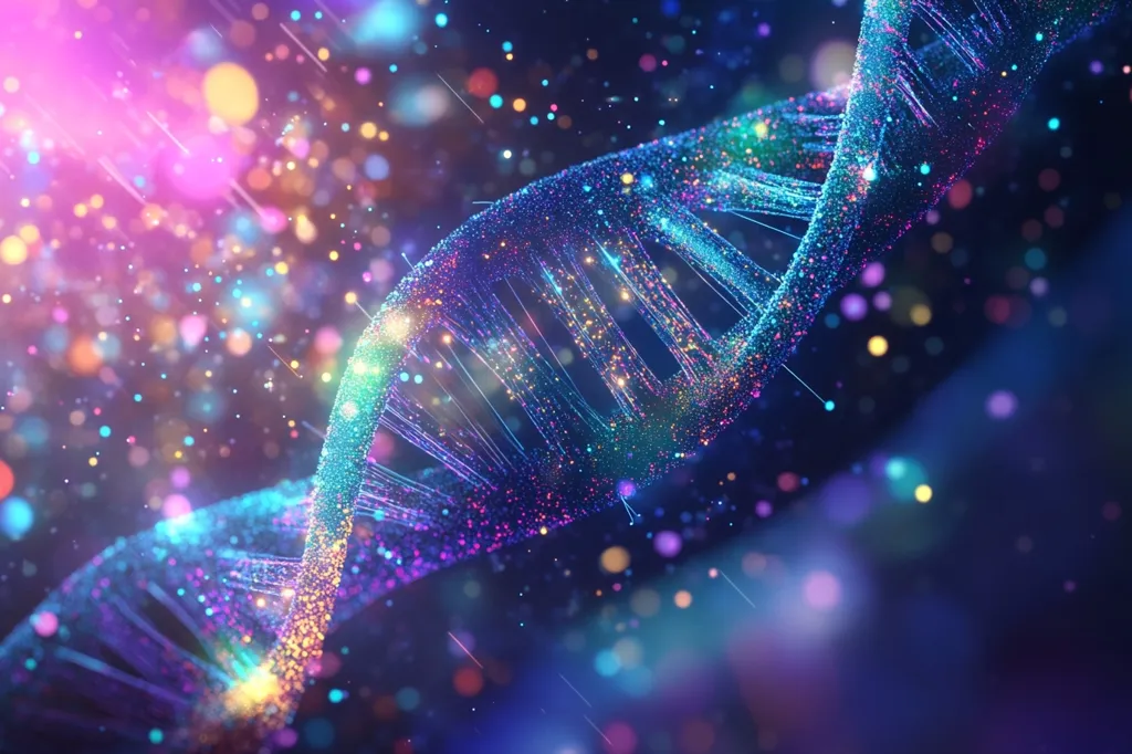 A colorful, shimmering DNA double helix is depicted against a dark blue background. It is made up of tiny, sparkling particles, creating a mesmerizing effect. The background is adorned with out-of-focus lights in various hues of pink, yellow, and blue, adding a dreamy and ethereal ambiance.  The image evokes a sense of mystery and the complexities of the human genome.