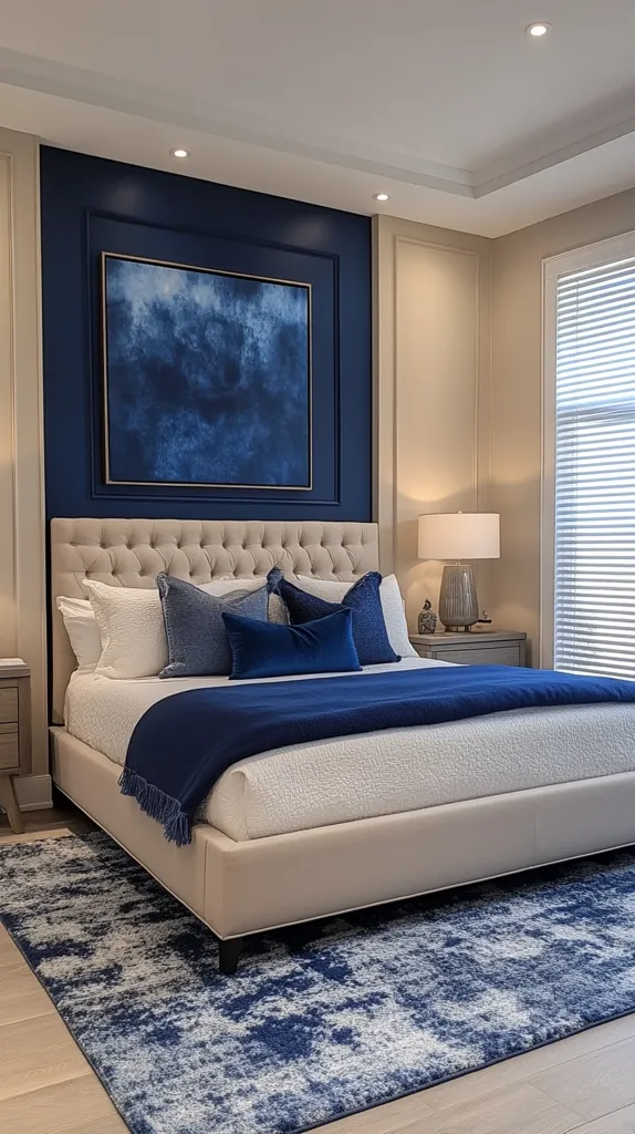 A bedroom with a large bed with blue and white bedding and a tufted headboard. The bedroom has a blue and white rug on the floor and a large blue painting hanging on the wall. The wall is painted a dark blue color and the rest of the room is white. There is a bedside table with a lamp on it.  The room has a window with blinds.
