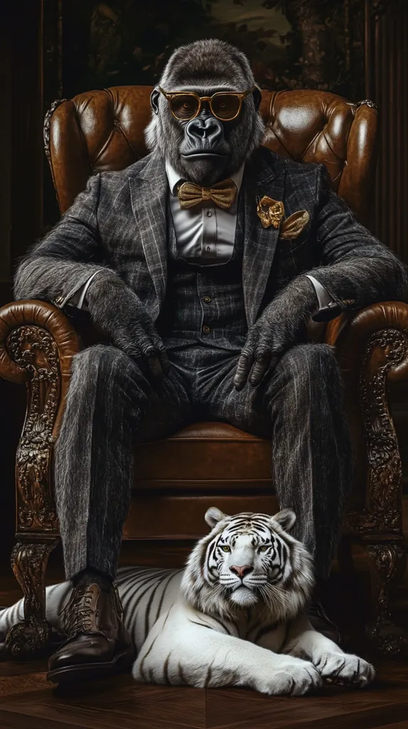 A gorilla in a pinstripe suit and gold-rimmed sunglasses sits in a leather armchair, with a white tiger lying at his feet. The gorilla wears a bow tie and a pocket square. The scene is luxurious and the gorilla has a confident air. The tiger is looking directly at the viewer. The image is likely a humorous or satirical commentary on class and power.