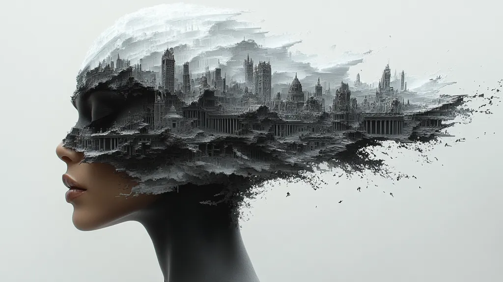 A black and white image of a woman's face with a cityscape superimposed on her head, like a crown. The buildings are in sharp detail, while the woman's face is blurred and ethereal. The cityscape appears to be crumbling and decaying, suggesting the weight of history and the passage of time. The image evokes a sense of mystery and intrigue.