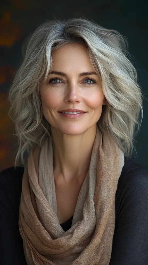 A woman with long, wavy silver hair wears a brown scarf and a black turtleneck. Her hair frames her face, and she is looking directly at the camera with a soft smile. The background is out of focus, drawing attention to her face. Her expression is calm and serene.