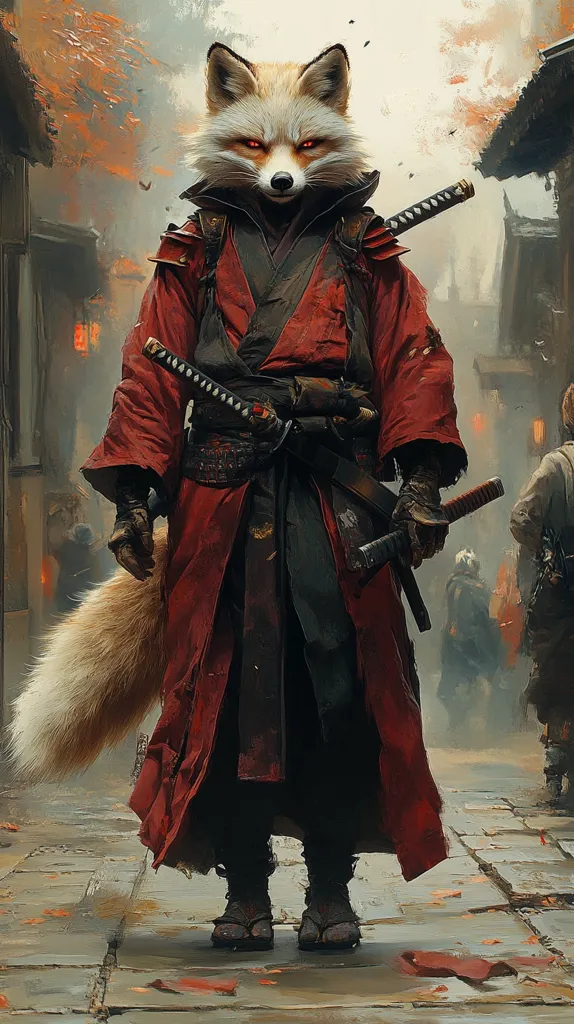 A fox-like creature, dressed in a red and black samurai outfit, stands in a cobblestone street with a sword sheathed on their hip.  The creature's red eyes stare out at the viewer while their bushy tail curls behind them. The background is a blurry and colorful  of buildings and people, giving the impression of a bustling city scene.  The creature's serious demeanor suggests they are a warrior or a protector.
