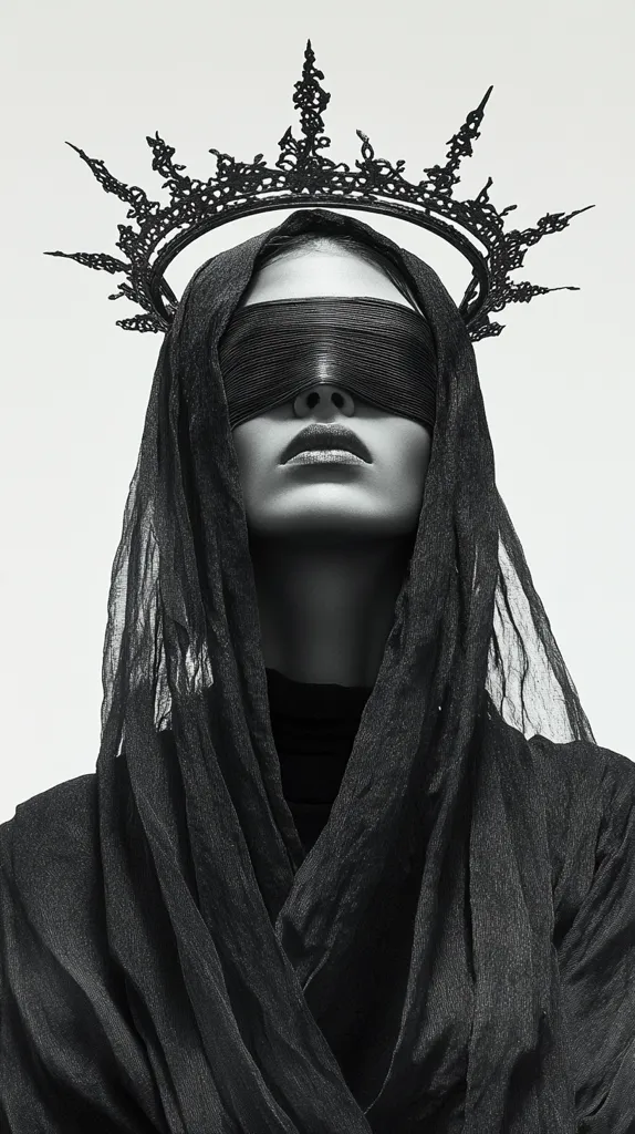 A person wearing a black, intricately designed crown and a flowing black veil, obscuring their eyes with a black band. The image is in black and white, creating a sense of mystery and darkness. The person's expression is stoic, adding to the somber atmosphere. The composition focuses on the face and crown, drawing the viewer's attention to the person's concealed identity.