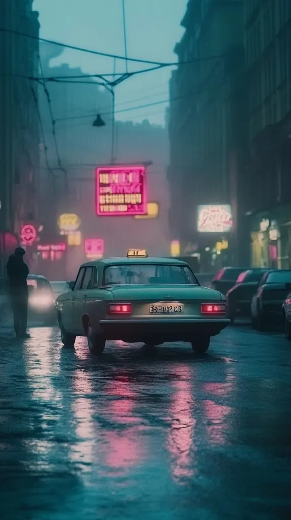 A vintage car drives down a wet city street, with the reflection of pink neon signs from the storefronts shimmering on the asphalt. The car is a light green, with a yellow taxi sign on the roof. The city buildings are tall and imposing, and the air is thick with moisture. The overall tone of the image is moody and atmospheric, with a sense of solitude and mystery.