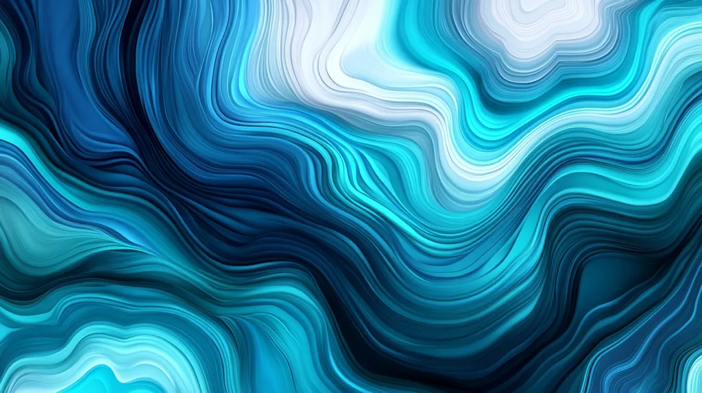 The image is an abstract background with flowing, wavy lines of blue, teal, and white colors. The lines are smooth and curved, creating a sense of movement and depth. The colors are vibrant and bright, and they blend together seamlessly, creating a pleasing visual effect. The image could be used as a background for a variety of purposes, such as websites, presentations, or posters.