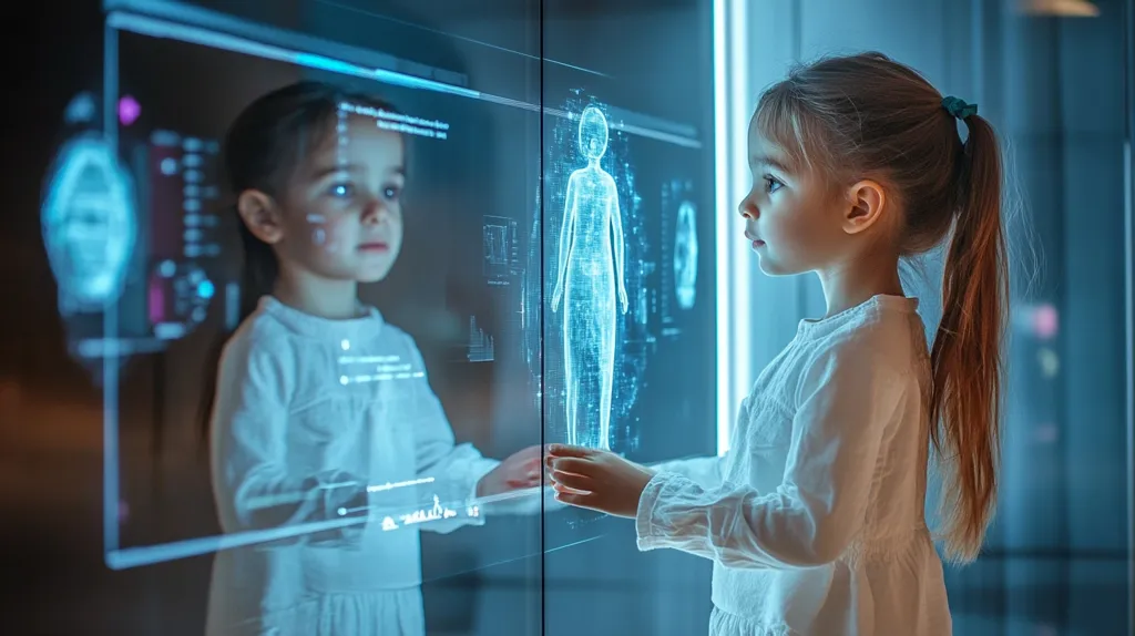 A young girl in a white dress stands in front of a large, translucent screen, her hand reaching out to touch a glowing, digital human figure.  The screen is filled with blue and white data and graphs, creating a futuristic and tech-savvy atmosphere. The girl's reflection is visible in the screen, suggesting a sense of self-discovery and interaction with technology.