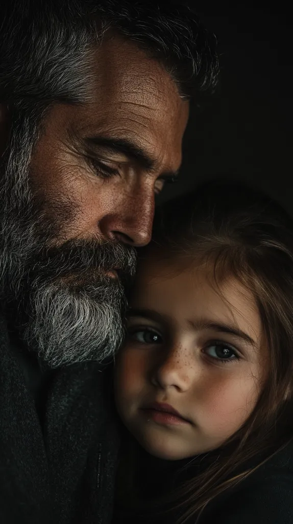 A close-up shot of a man with grey hair and a long beard, his face is illuminated by the light. He is looking down at a little girl with long dark hair. The girl's eyes are open, and her face is lit up with a warm glow. They are both looking at something out of frame. The image captures a moment of intimacy and love between a father and daughter.