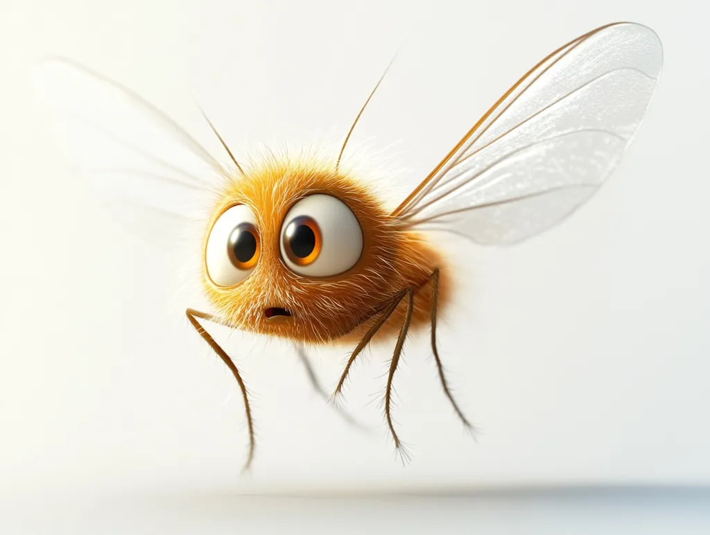 A cartoon fly with large, expressive eyes and fuzzy orange fur is suspended in mid-air. It has translucent wings and long, spindly legs, and its expression suggests a mixture of surprise and concern. The fly appears to be in motion, creating a sense of dynamism and whimsy. The background is a simple, white surface, which emphasizes the fly's vibrant color and playful nature.