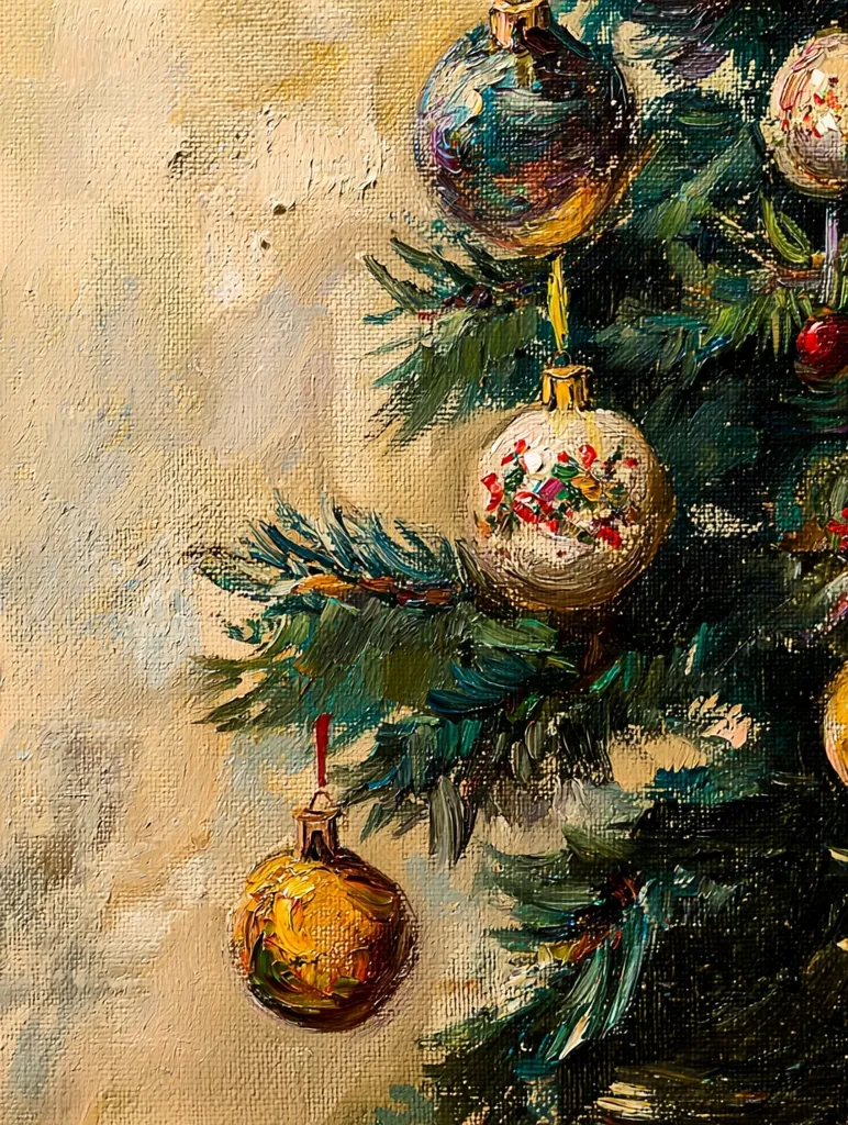 A close-up of a Christmas tree painted in an oil painting style. The branches of the tree are green and lush, and the ornaments are a mix of gold, white, and blue. The background is a soft tan. The painting captures the warm glow of the holiday season.  The artist used thick paint to create a textured surface, adding to the feeling of warmth and festivity.