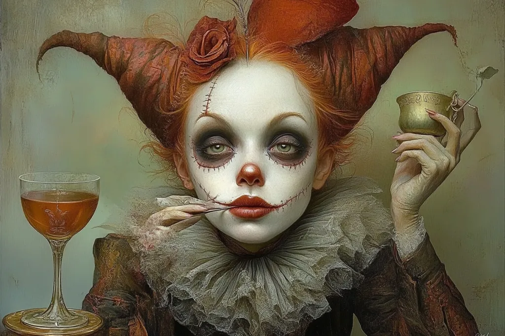 A woman with a clown-like face and red hair, wearing a large, ruffled collar, holds a golden cup in one hand and a feather in the other. She stares at the viewer with dark eyes, her mouth stitched shut. A glass of wine sits on a table beside her, adding to the unsettling atmosphere. The background is a muted green, further emphasizing the focus on the woman's strange and unsettling appearance.