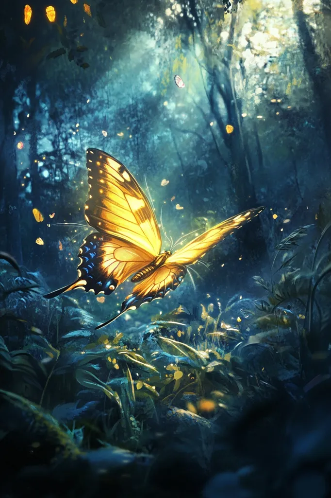 A large, yellow butterfly with black markings flies through a dark, enchanted forest. The butterfly's wings are illuminated by a soft, golden glow, casting a magical ambiance on the scene.  The forest is filled with lush greenery and a faint mist, adding to the mystical atmosphere. Small, glowing particles dance in the air, creating a sense of wonder and enchantment.  The composition highlights the butterfly as a symbol of transformation and freedom in this magical forest.