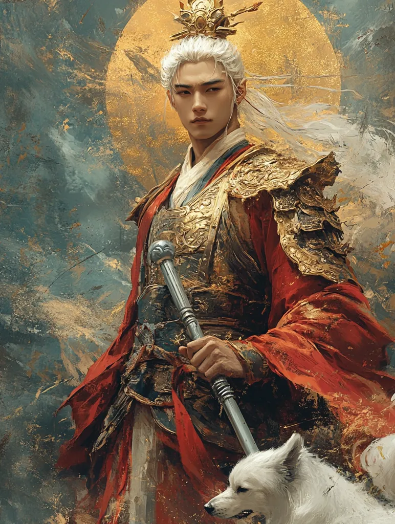 The image depicts a young man with long white hair, adorned with a golden crown and intricate armor. He stands confidently, holding a silver staff, while a white dog sits by his side. The man's attire is a blend of rich reds and golds, suggesting a regal or powerful status. The background is a hazy blend of earthy tones and swirling clouds, adding a sense of mystery and depth to the scene.