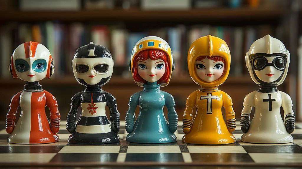 Five stylized dolls, each with a unique outfit and helmet, stand on a chessboard. They have large, expressive eyes and a whimsical charm.  The dolls are brightly colored and appear to be a set, possibly representing a theme or story. The background is a bookshelf, suggesting a playful or imaginative context.  The image is a captivating blend of vintage style and modern design.