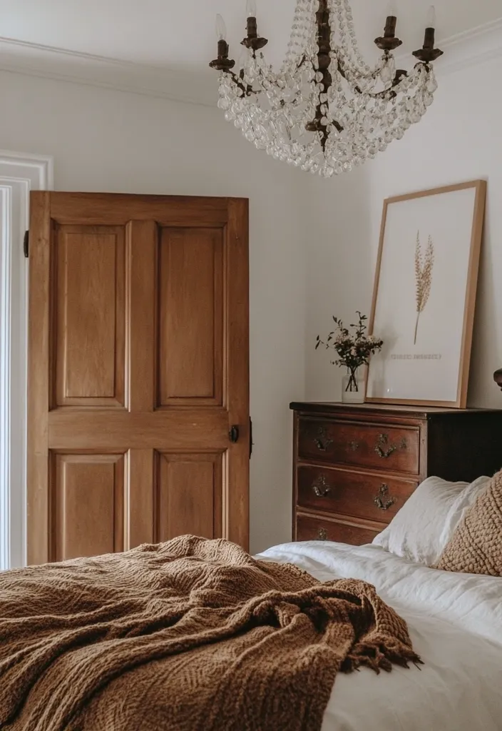 The image shows a bedroom with a brown wooden door, a brown wooden dresser, and a bed with a white linen sheet and a brown knitted throw. There is a framed print of a dried flower on the wall above the dresser and a crystal chandelier hanging from the ceiling. The room is decorated in a minimalist style with a neutral color palette. The soft lighting and cozy bedding create a peaceful and inviting atmosphere.
