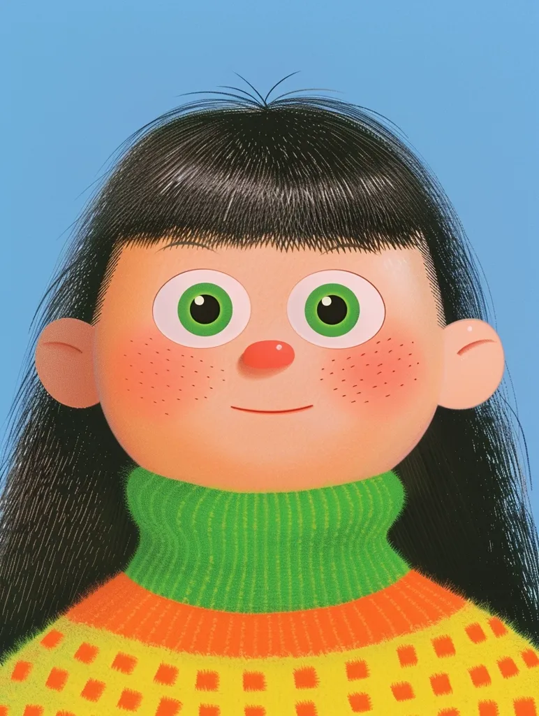 The illustration features a young girl with long black hair and large green eyes. She is wearing a colorful sweater with a green turtleneck, orange stripe, and yellow base with red squares. Her cheeks are rosy, and she has a sweet smile on her face. The background is a simple blue color. The overall style of the illustration is cartoonish and cheerful.