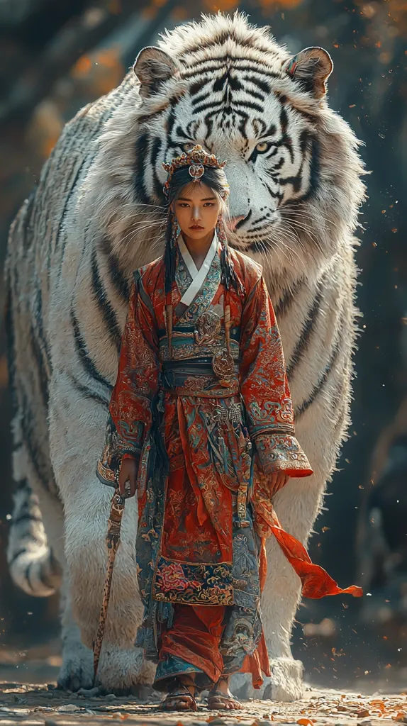 A young woman dressed in a colorful, ornate robe walks beside a large white tiger.  The woman holds a staff in her right hand.  The tiger's head and shoulders are in focus, while the woman is walking slightly behind.  A path strewn with leaves is visible in the foreground.  The background is a blurry, out-of-focus forest.