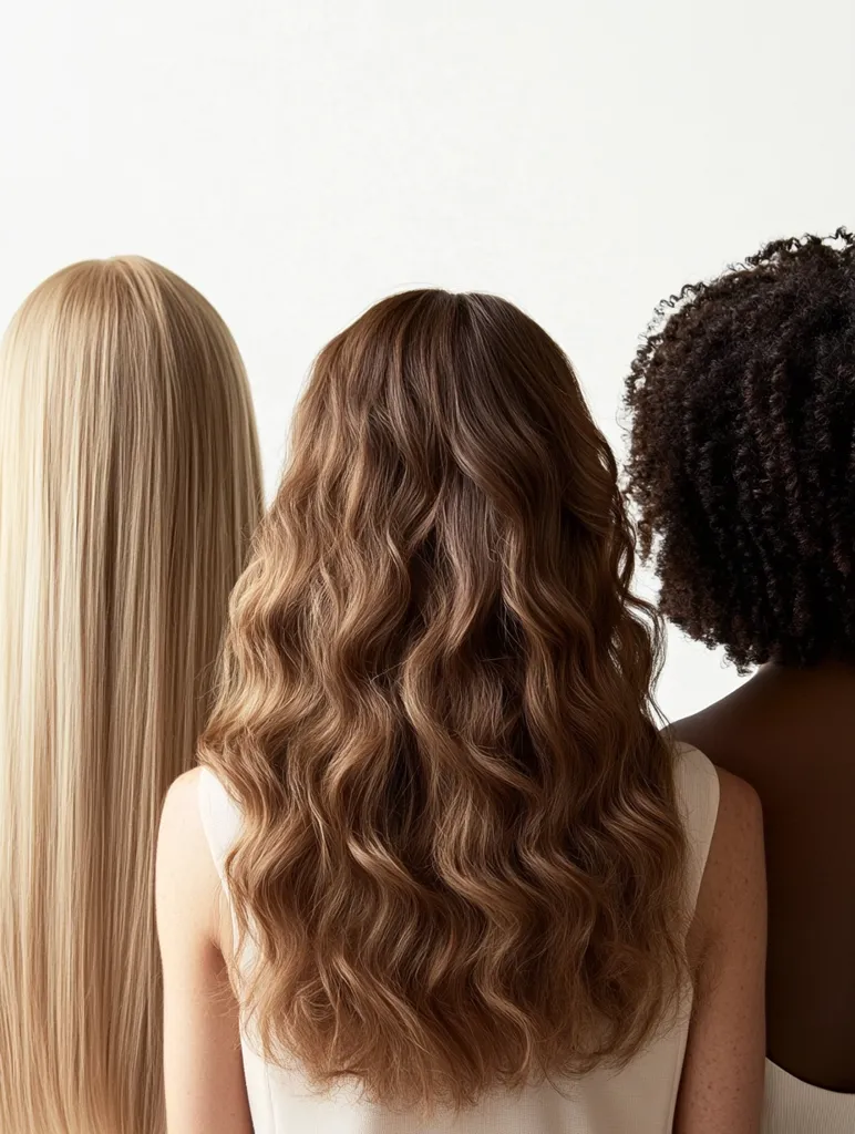 Three women stand back-to-back with their hair flowing down their backs. The woman on the left has long, straight, blonde hair. The woman in the middle has long, wavy, light brown hair. The woman on the right has short, curly, dark brown hair. The women are wearing simple white tops and are facing a white wall. They are showing off their different hair textures and styles.