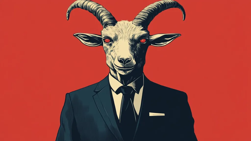 The image depicts a goat with a human-like face, wearing a dark suit and tie. The goat has large, curved horns and red eyes, with a sly, almost sinister smile. The background is a solid, vibrant red, creating a stark contrast and emphasizing the subject. The image evokes a sense of irony and the juxtaposition of the animalistic with the sophisticated.