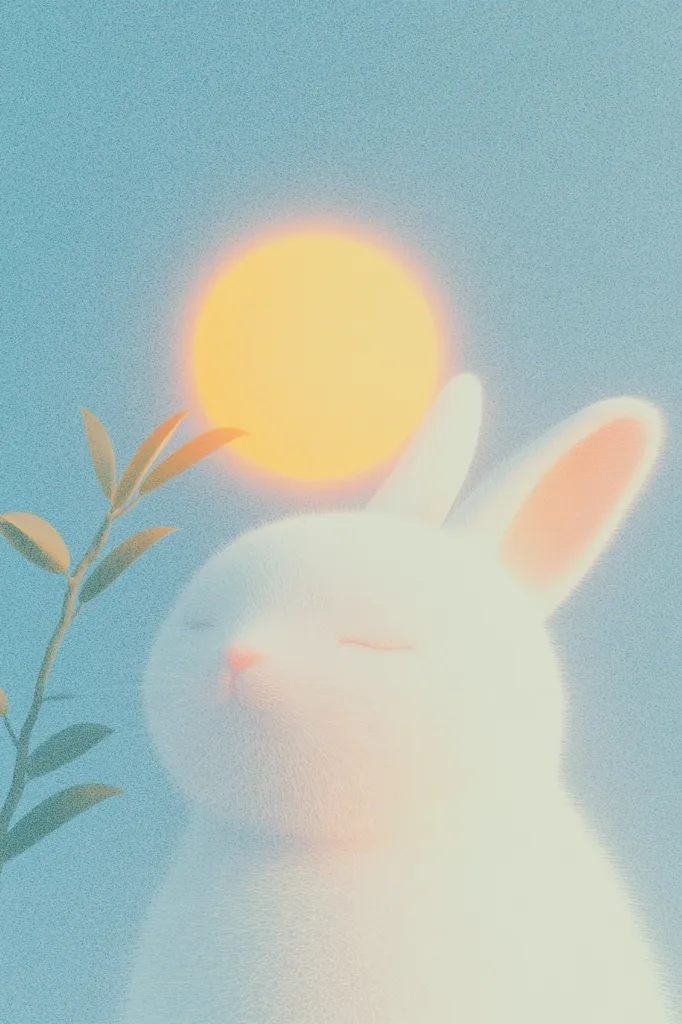 The image depicts a fluffy white rabbit with its eyes closed, positioned in front of a large, glowing yellow sun. The rabbit has a soft, almost dream-like quality, with its fur appearing to shimmer in the light. A small green plant peeks out from the left side of the frame, adding a touch of nature to the scene. The overall tone of the image is serene and peaceful, evoking a sense of tranquility.