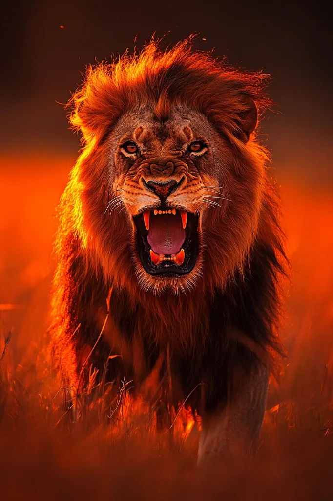 A majestic lion with a thick mane roars fiercely, its teeth bared and eyes intense. The fiery orange sunset behind the lion creates a dramatic and powerful backdrop, highlighting the animal's strength and primal nature. The image is a close-up, capturing the raw emotion of the lion's roar. The blurred background and focused foreground emphasize the lion's power and presence.