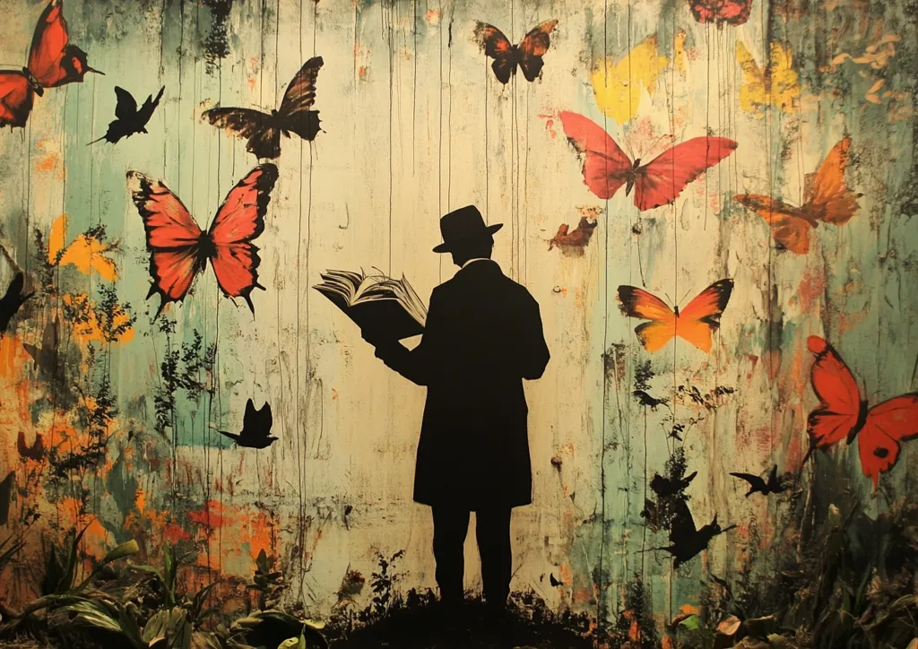The image is a painting of a man in a hat reading a book against a backdrop of a wall with a variety of butterflies painted on it. The butterflies are colorful and vibrant, with shades of red, orange, and yellow. The man is depicted as a silhouette, making him appear mysterious and thought-provoking. The overall effect is whimsical and dreamlike, suggesting a sense of freedom and imagination.