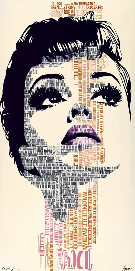 The image is a stylized portrait of a woman with short, bobbed hair. The woman's face is made up of a dense arrangement of text, creating a unique and abstract visual. Her eyes are heavily made up with dark eyeliner and mascara, and her lips are a bright purple. The overall effect is striking and eye-catching, showcasing the power of typography to create a compelling image.
