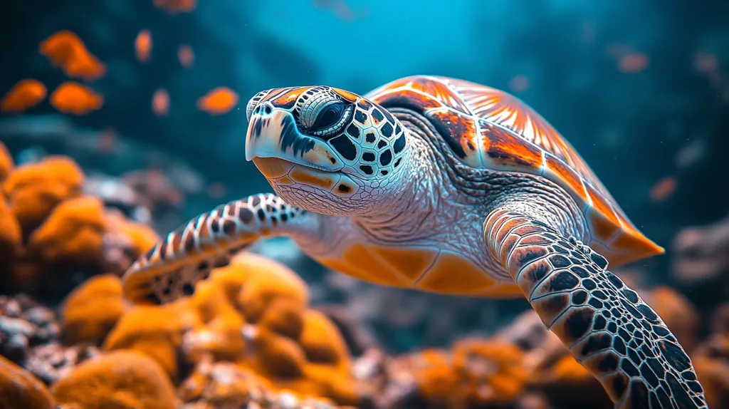 A sea turtle swims through the ocean with its head tilted up, its shell a beautiful blend of orange, brown, and black. It's swimming over a bed of coral that is a vibrant orange color. The background is a deep blue, hinting at the vastness of the ocean. The scene captures the serene beauty of underwater life.