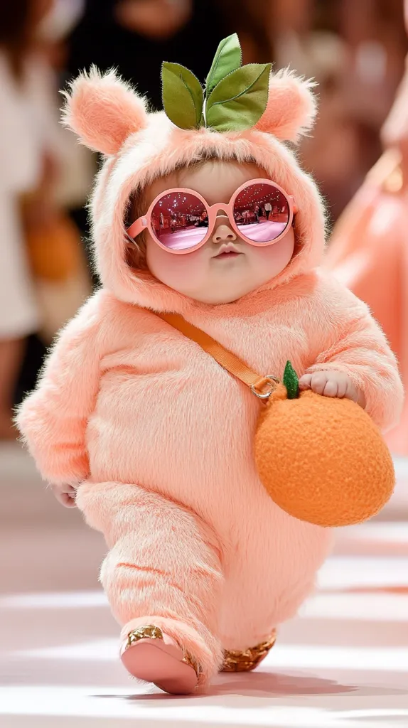 A baby in a peach-colored fuzzy outfit, with a hood and large ears, is walking down a runway. The baby is wearing pink round sunglasses and a small orange purse. The baby is looking straight ahead with a serious expression. The image captures a humorous and adorable moment of childhood.