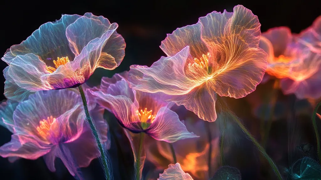 The image shows a close-up of several translucent flowers with a soft, pastel color scheme of pink, blue, and yellow.  The flowers are illuminated from within, giving them a glowing appearance.  The delicate petals are outlined in a delicate, almost ethereal, network of lines, resembling veins or nerves. The background is dark, providing a contrast to the flowers' vibrant colors.  The overall effect is dreamy and ethereal, like something from a fairy tale.